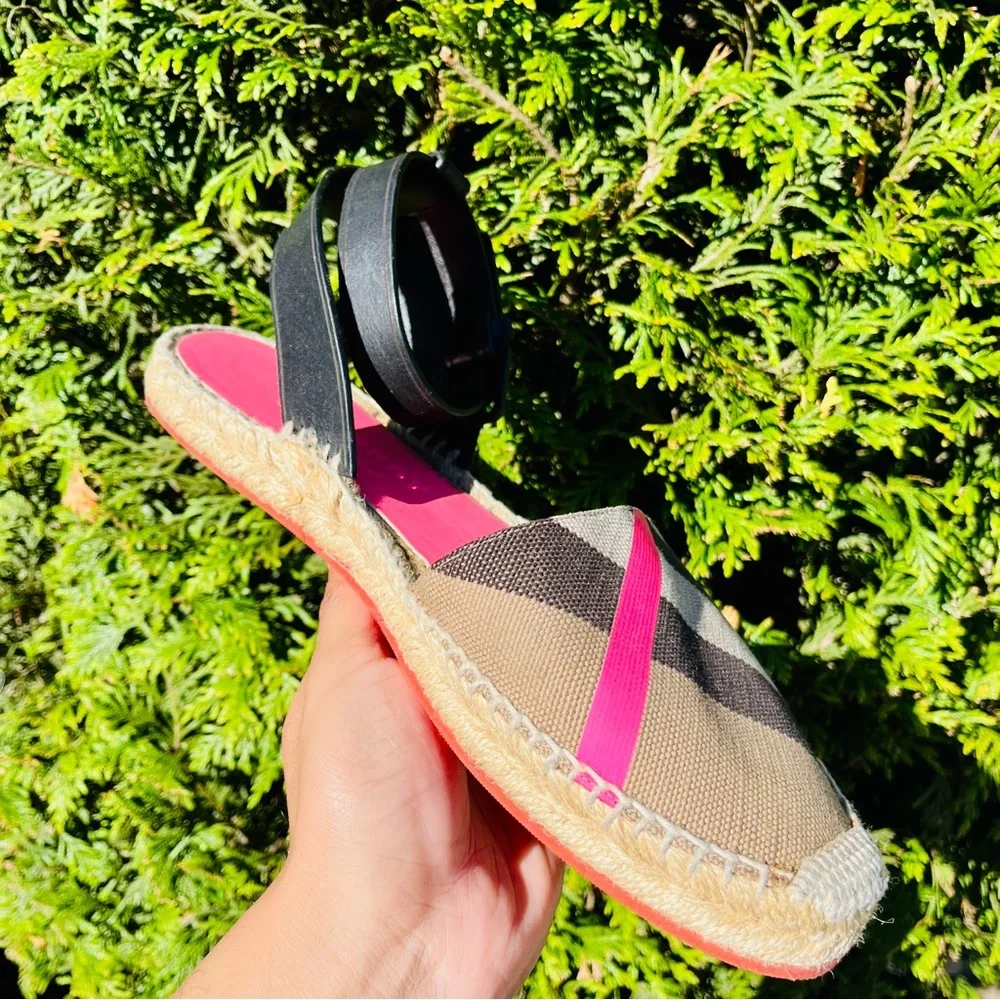 BURBERRY Pink Nova Check Plaid Espadrille Ankle Flats